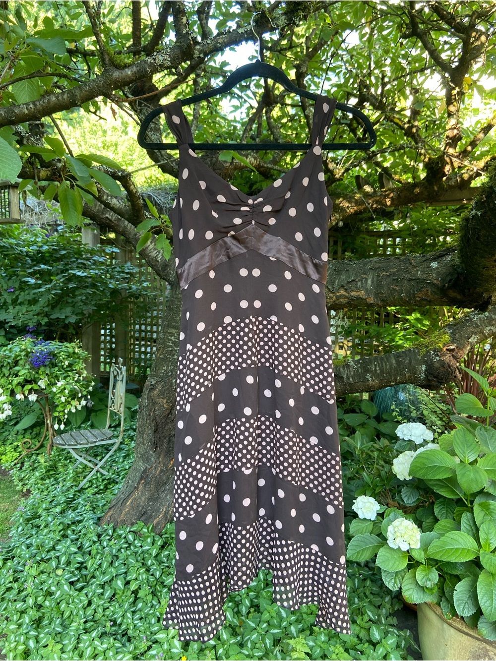 Y2K 100% silk brown and pink Polka Dot Tiered Midi Dress-nwt